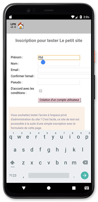 Image article, Aperçu du formulaire d'inscription en mode mobile